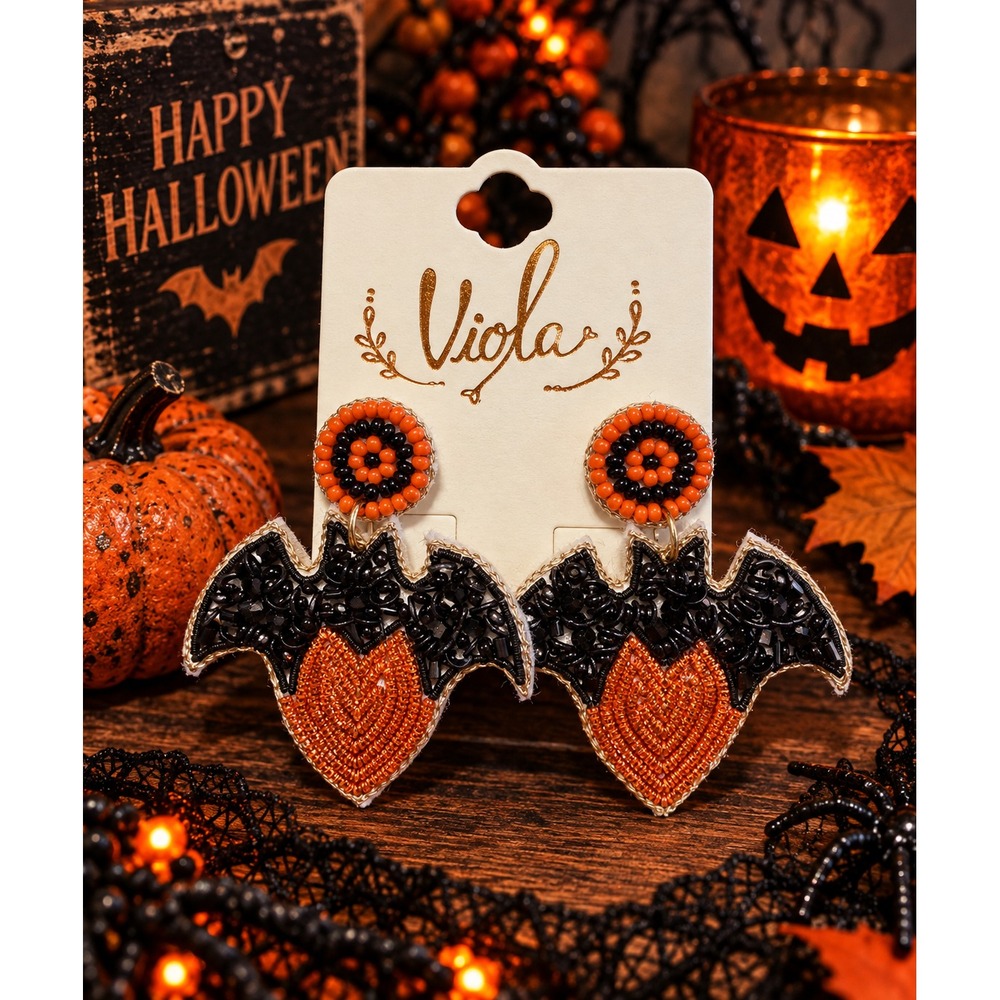 Halloween Bat Heart Seed Bead Earrings Orange Black Beaded Dangle